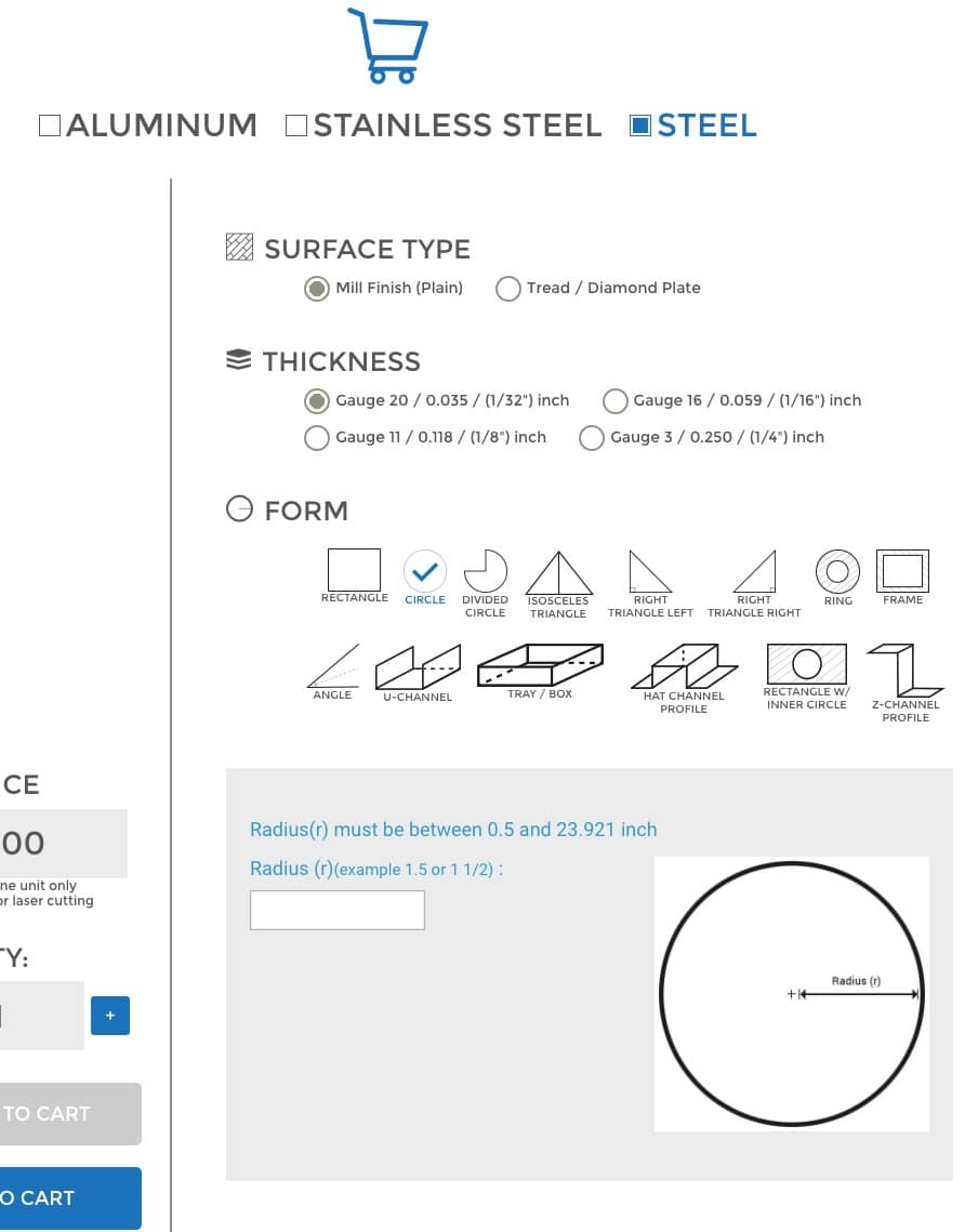 configure online sheet metal circle